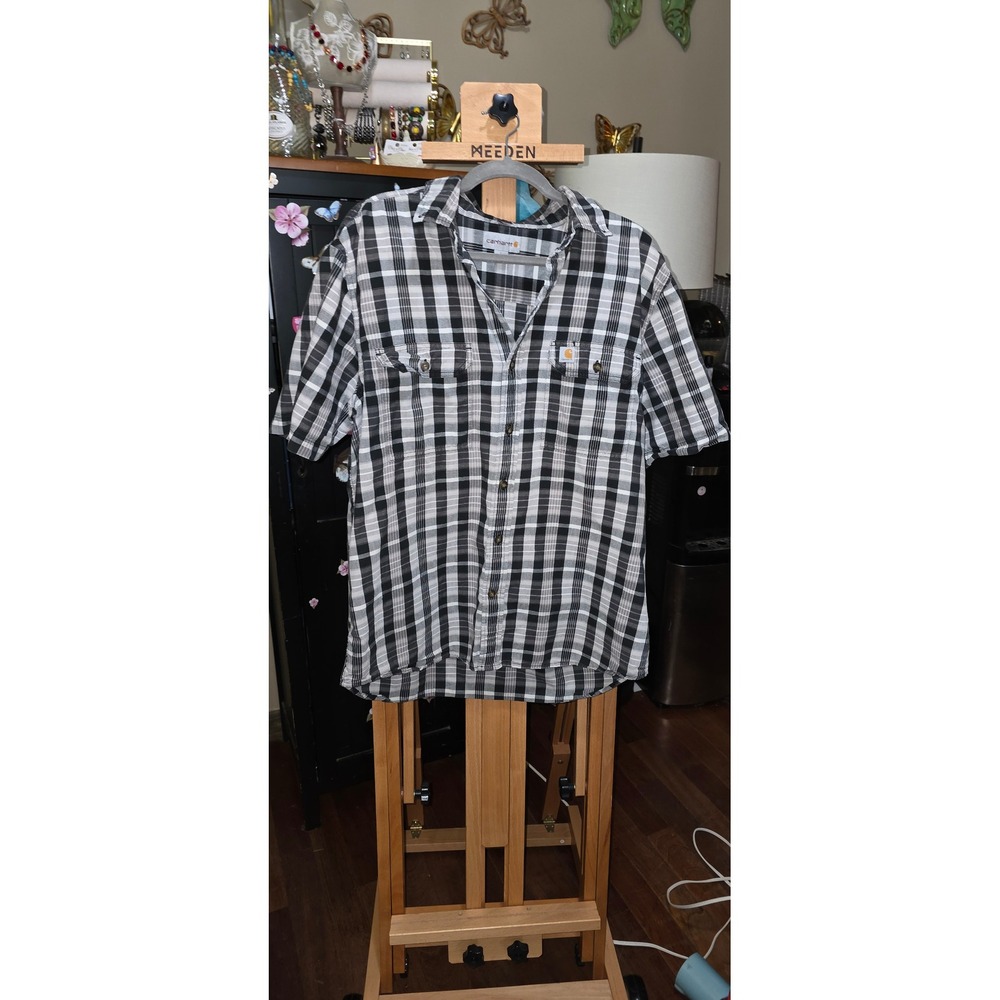 Carhartt Mens Relaxed Fit Plaid Short Sleeve Button Down Shirt Black White Large